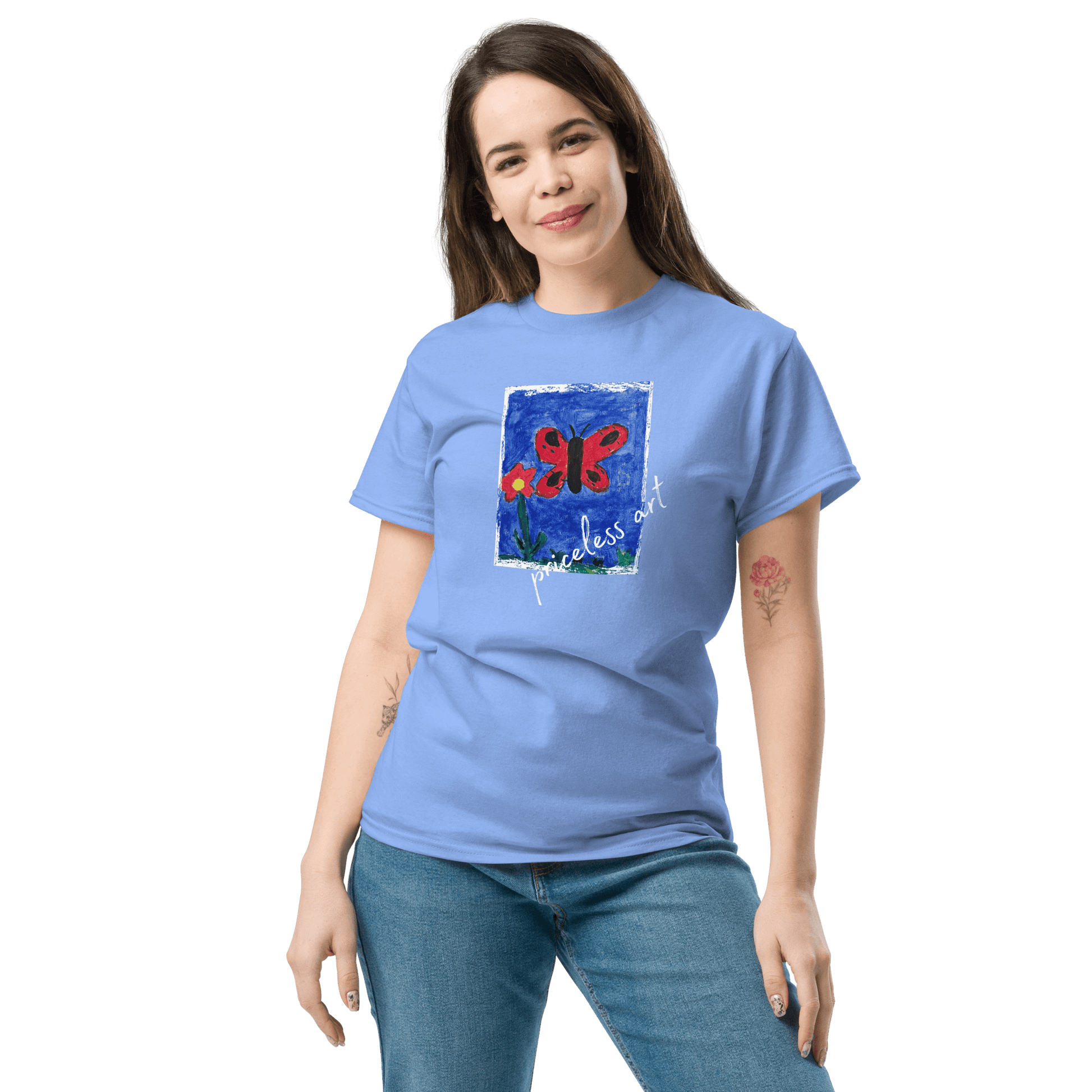 Freestyle Unisex T-Shirt – Upload Photos, Add Text & Emojis Your Way with a colorful butterfly design