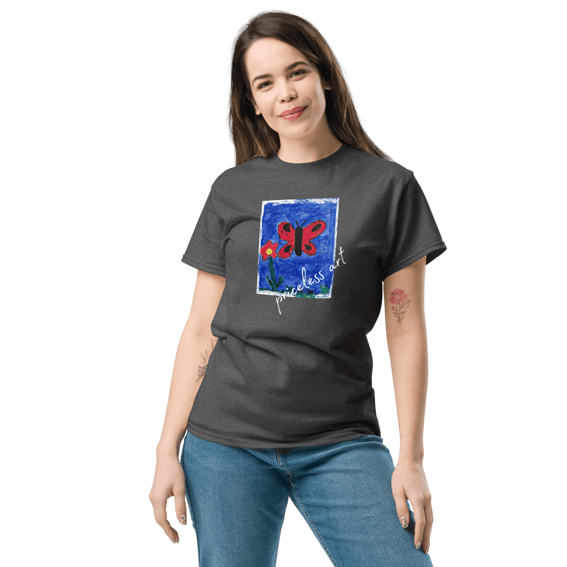 Freestyle Unisex T-Shirt – Upload Photos, Add Text & Emojis Your Way modeled by a smiling woman in a graphic tee.