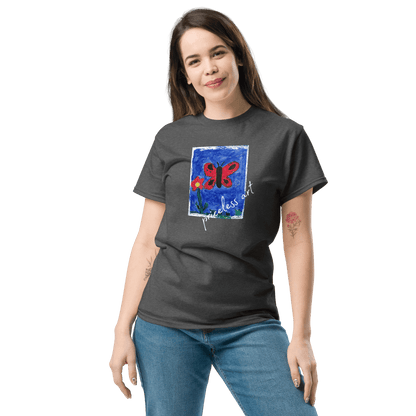 Freestyle Unisex T-Shirt – Upload Photos, Add Text & Emojis Your Way modeled by a smiling woman in a graphic tee.