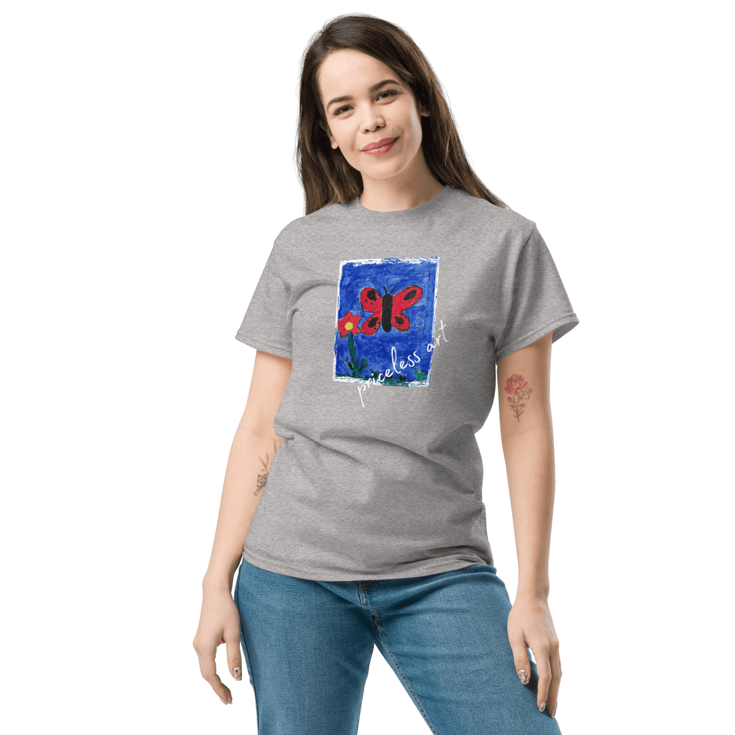 Freestyle Unisex T-Shirt – Upload Photos, Add Text & Emojis Your Way worn by a model showcasing unique design options.