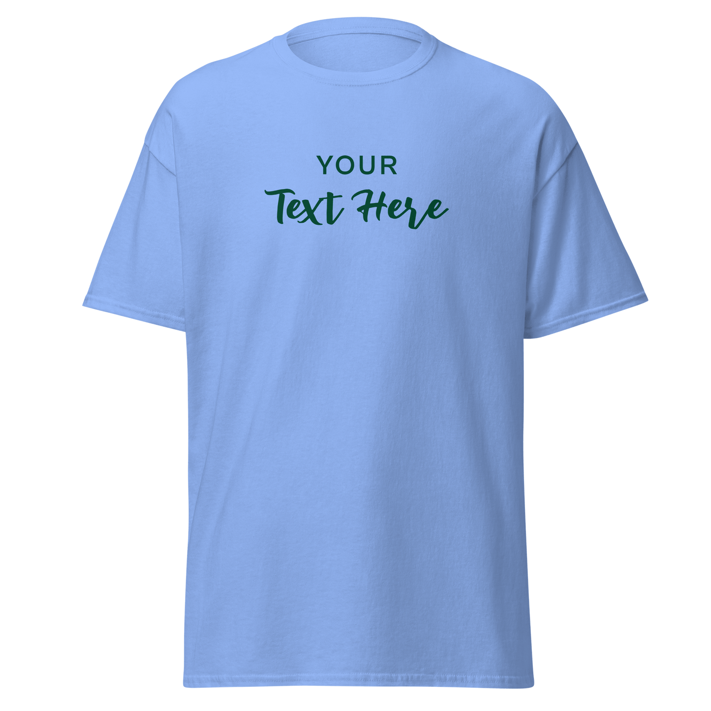 Freestyle Unisex T-Shirt – Upload Photos, Add Text & Emojis Your Way with customizable text design on a light blue base.