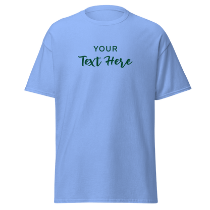 Freestyle Unisex T-Shirt – Upload Photos, Add Text & Emojis Your Way with customizable text design on a light blue base.