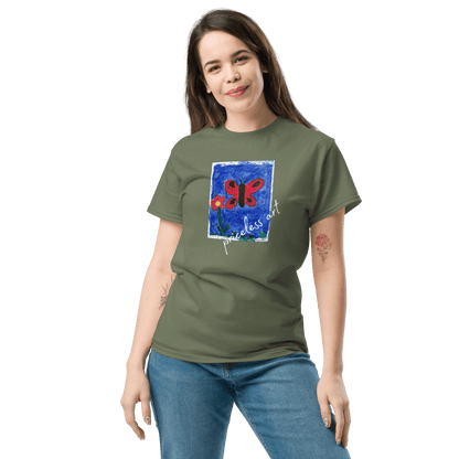 Freestyle Unisex T-Shirt – Upload Photos, Add Text & Emojis Your Way worn by a model featuring butterfly design.
