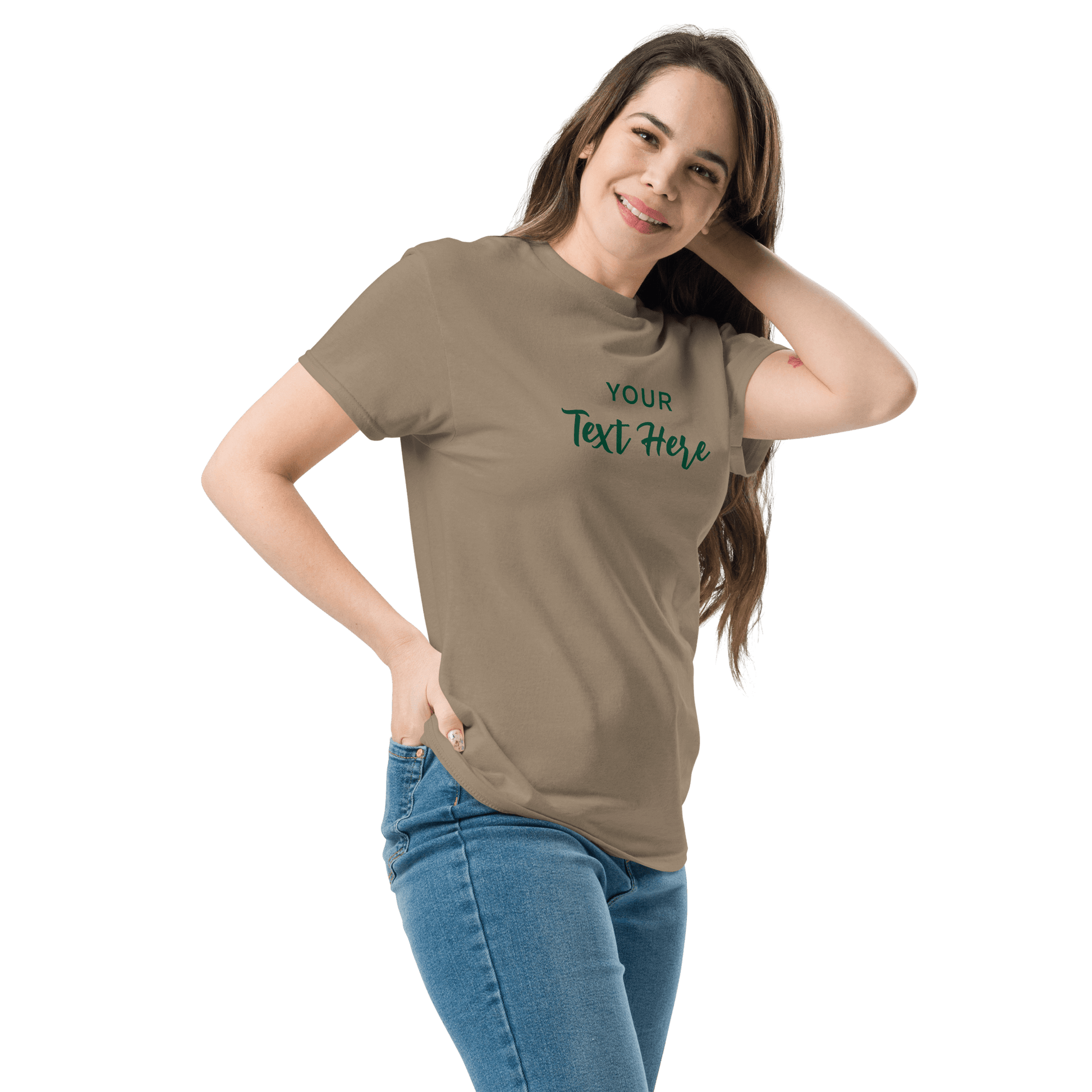 Freestyle Unisex T-Shirt – Upload Photos, Add Text & Emojis Your Way worn by a model with customizable text