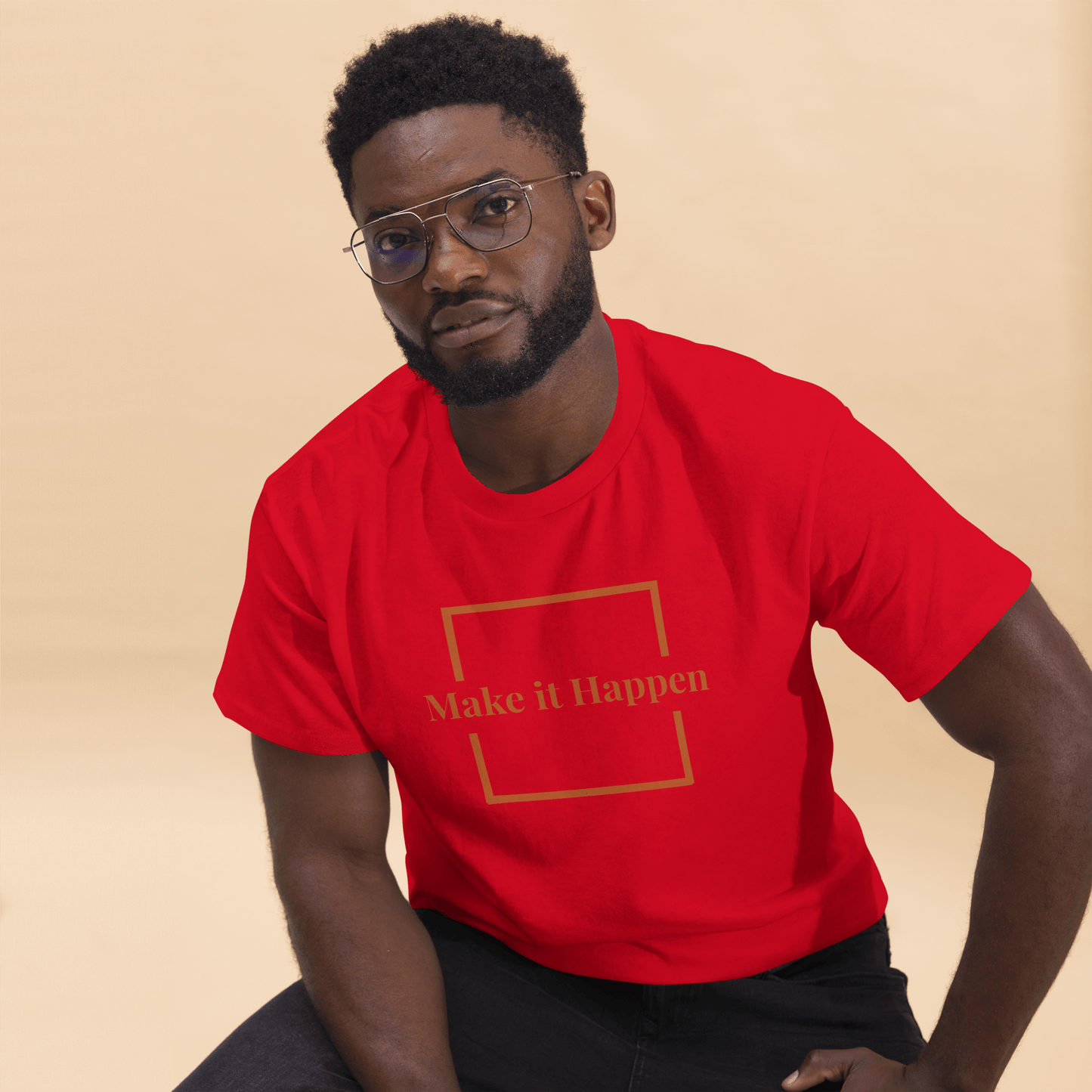 Freestyle Unisex T-Shirt – Upload Photos, Add Text & Emojis Your Way - Red shirt with 'Make it Happen' text.