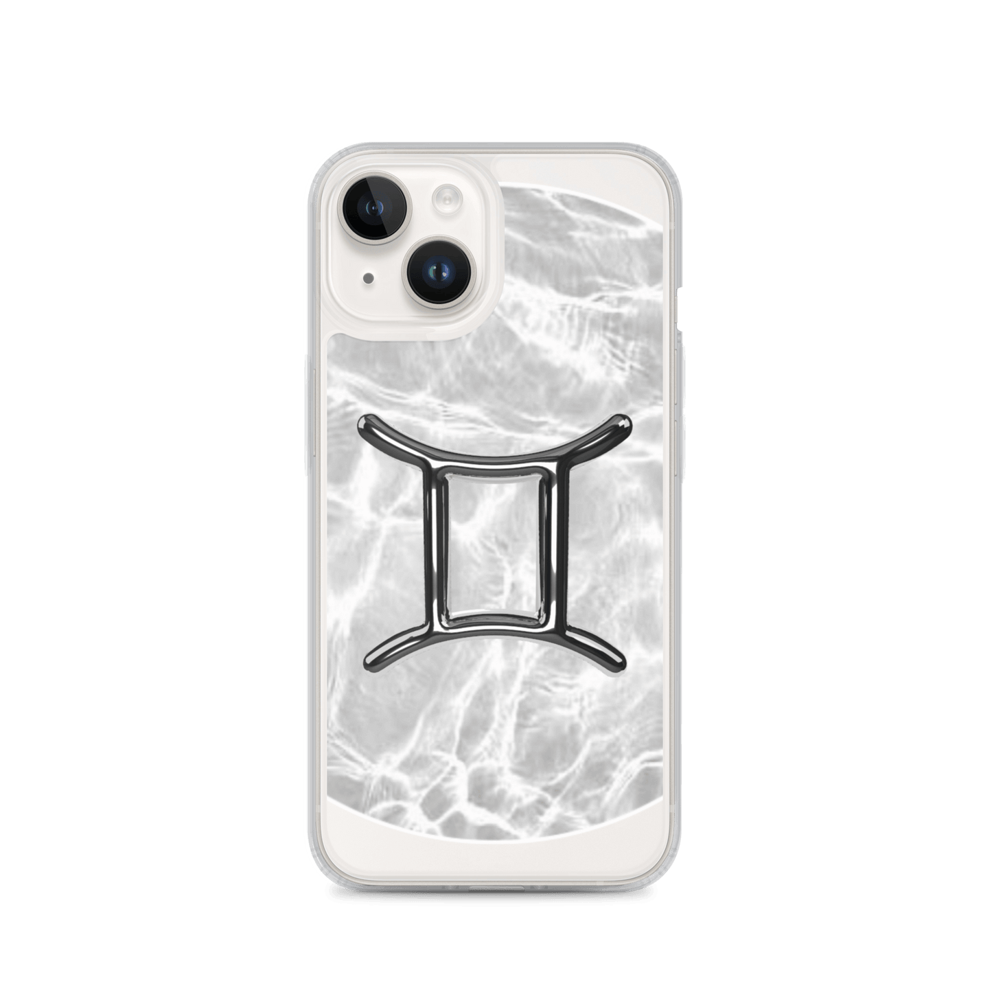 Gemini Zodiac Magsafe clear iPhone case with a metallic design on a marble-patterned background.