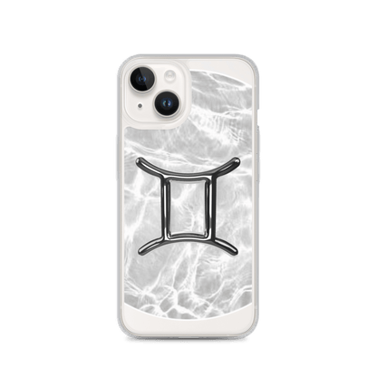 Gemini Zodiac Magsafe clear iPhone case with a metallic design on a marble-patterned background.