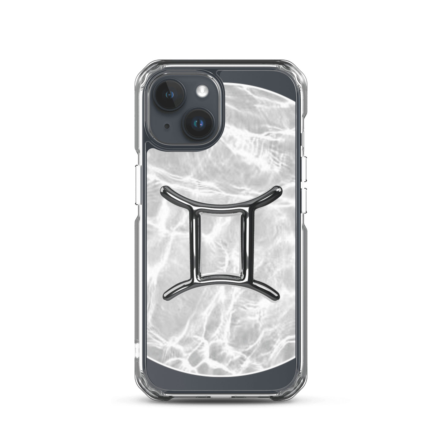 Zodiac Gemini Magsafe clear iPhone case with marble metallic design, protective and stylish phone accessory.