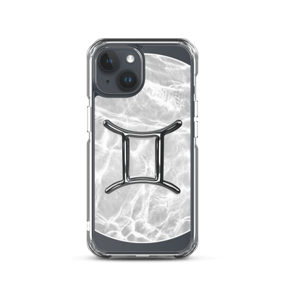 Zodiac Gemini Magsafe clear iPhone case with marble metallic design, protective and stylish phone accessory.