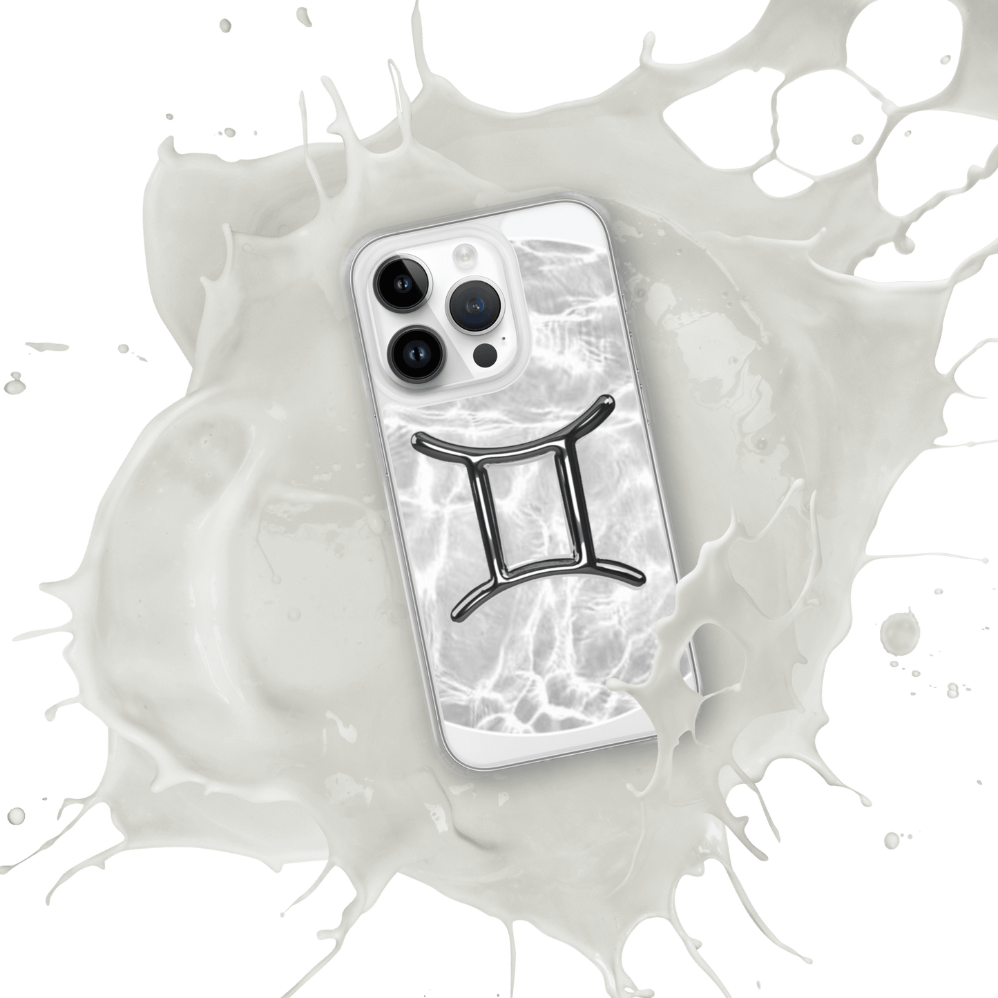 Gemini Magsafe iPhone case with marble design and metallic symbol, splashed in white liquid.