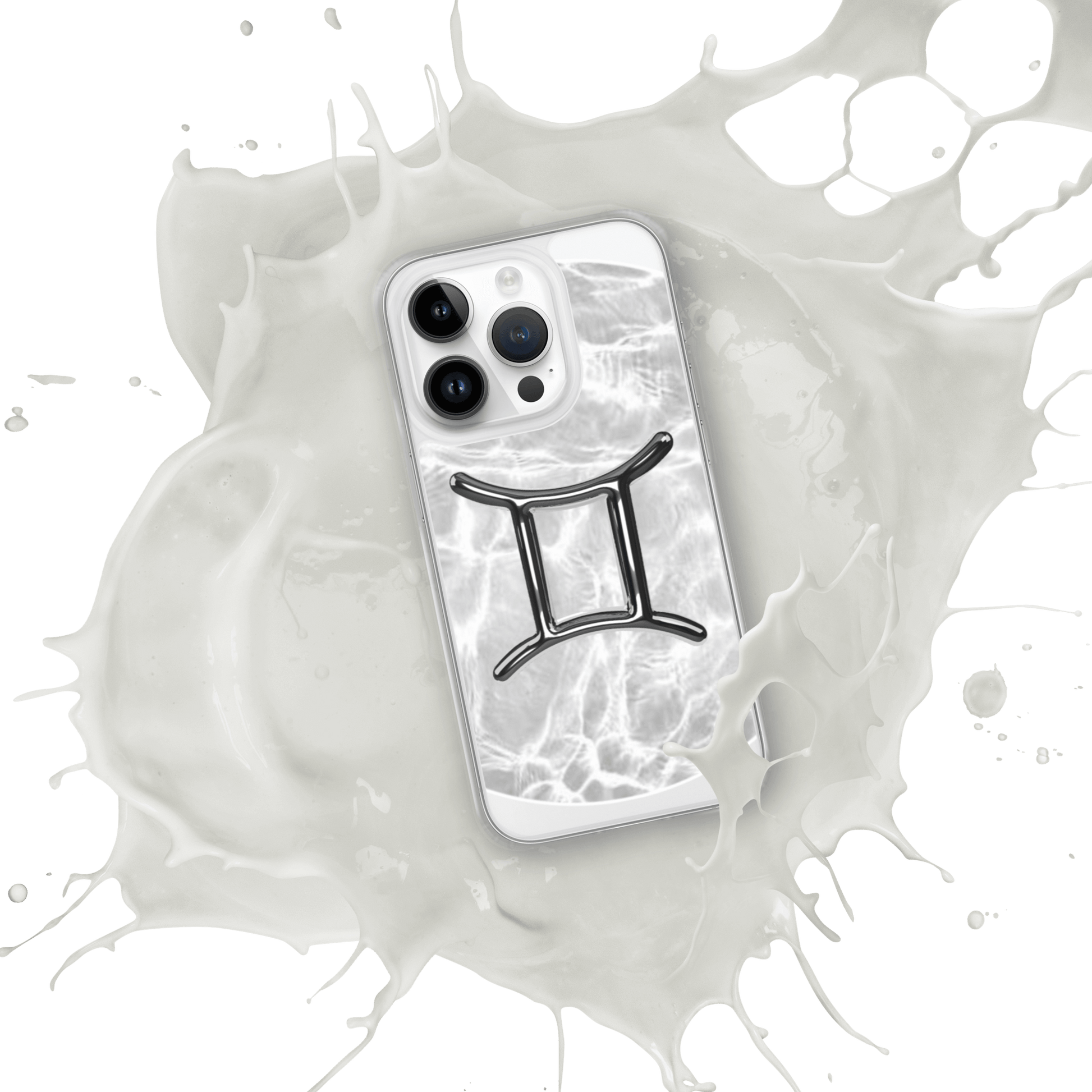 Gemini Magsafe iPhone case with marble design and metallic symbol, splashed in white liquid.
