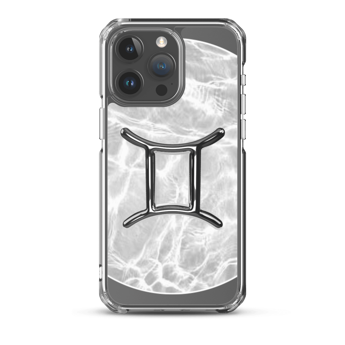 Zodiac Gemini Magsafe clear iPhone case with metallic design on marble-inspired ripple background.