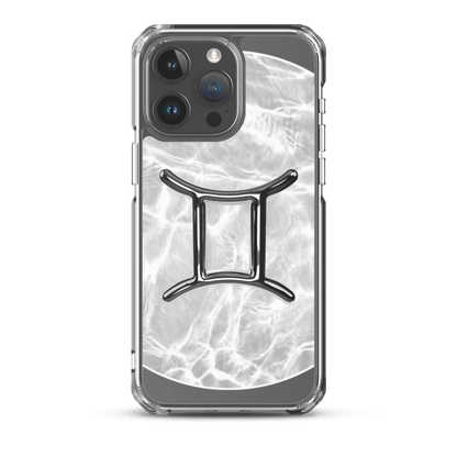 Zodiac Gemini Magsafe clear iPhone case with metallic design on marble-inspired ripple background.