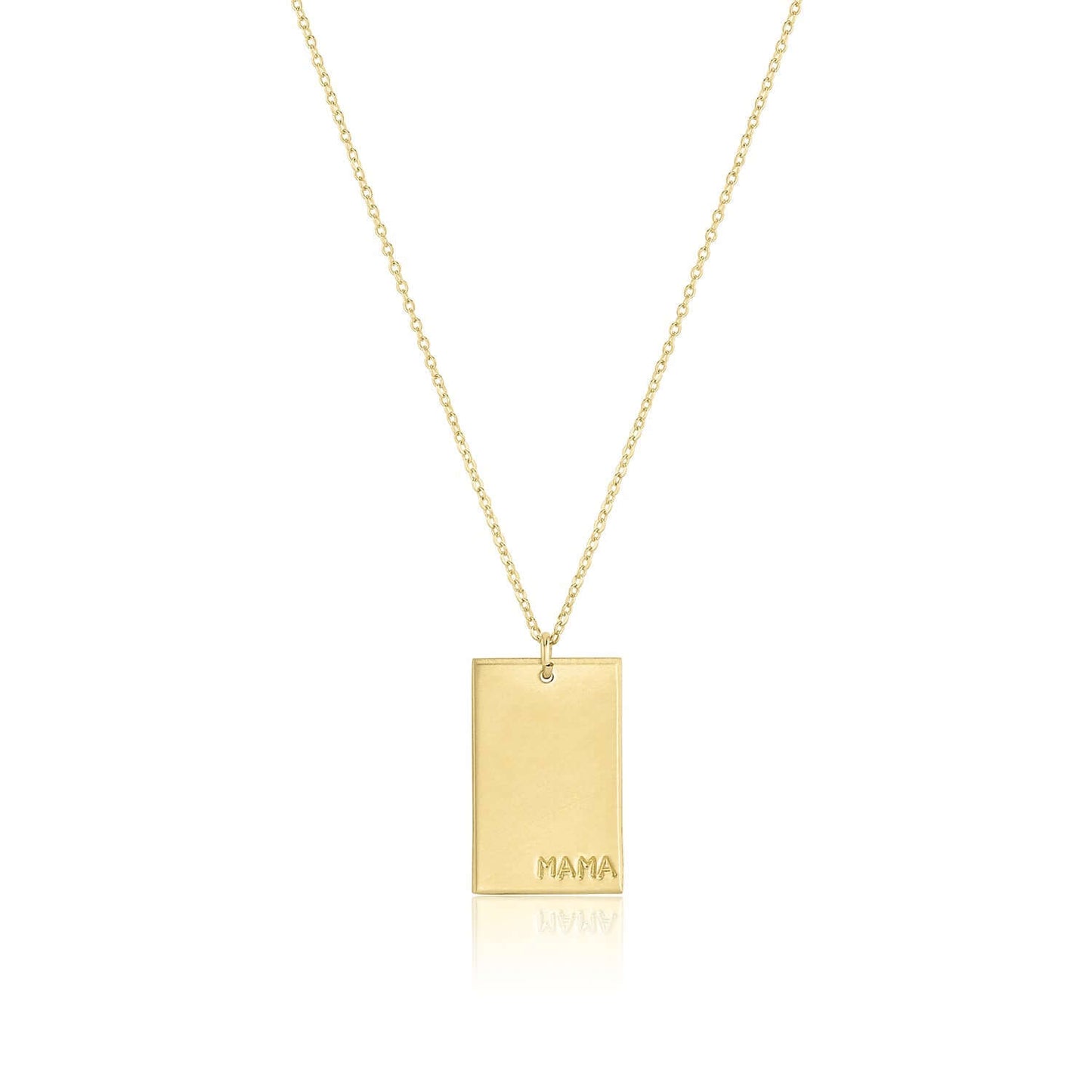 Goldie MAMA Necklace – Hand-Stamped 14k Gold-Filled Pendant displayed on a 20" chain with a rectangular pendant.