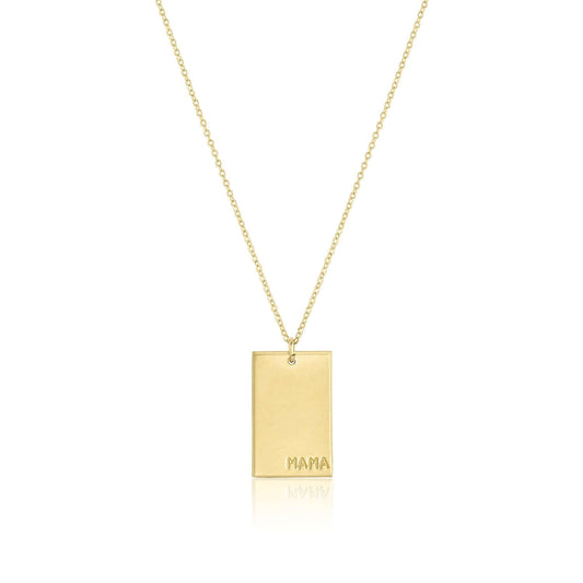 Goldie MAMA Necklace – Hand-Stamped 14k Gold-Filled Pendant displayed on a 20" chain with a rectangular pendant.