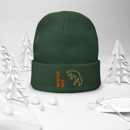 Fox Beanie – Embroidered Knit Hat with Custom Text, cozy green hat for winter style and warmth.