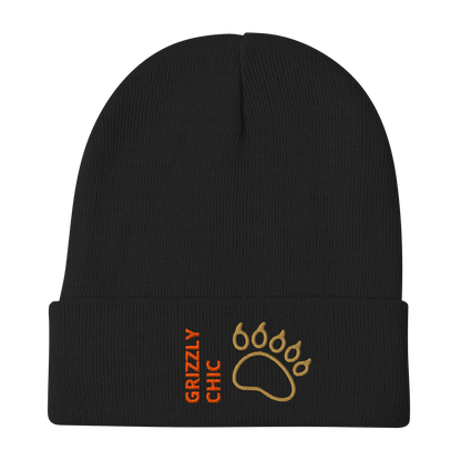 Bear Beanie – Embroidered Knit Hat with Custom Text featuring a bear paw design and stylish lettering.