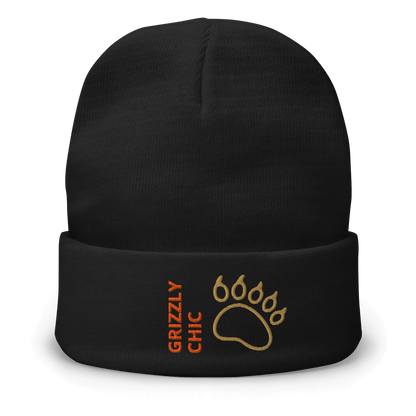 Bear Beanie – Embroidered Knit Hat with Custom Text featuring a grizzly paw design.