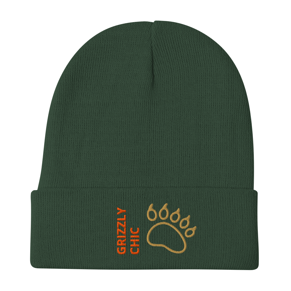 Bear Beanie – Embroidered Knit Hat with Custom Text in dark green with bear paw design.