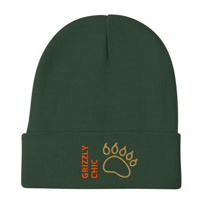 Bear Beanie – Embroidered Knit Hat with Custom Text in dark green with bear paw design.