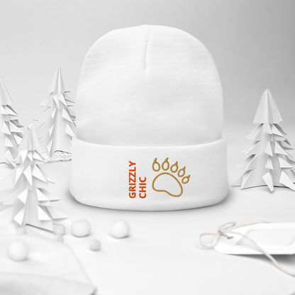 Bear Beanie – Embroidered Knit Hat with Custom Text featuring a grizzly paw design on a cozy white hat.