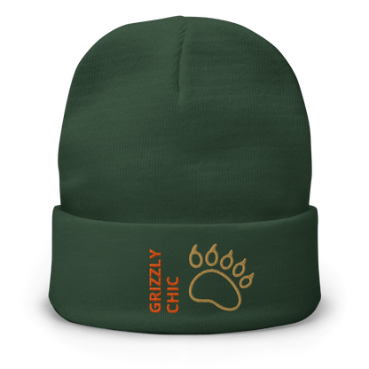 Bear Beanie – Embroidered Knit Hat with Custom Text featuring a paw print design.
