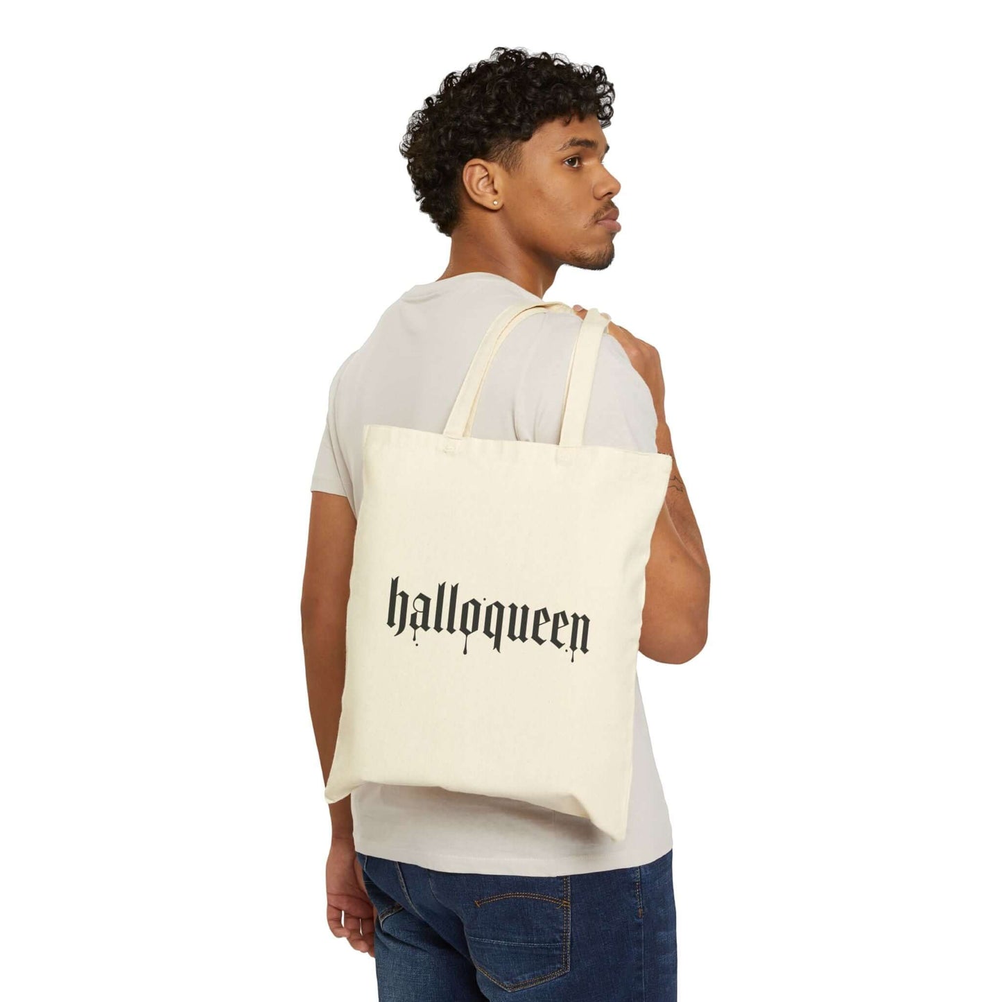 Double-Sided Halloween Tote – “Here for the Boos” + Spooky Vibes, featuring a stylish design with 'halloqueen' lettering.