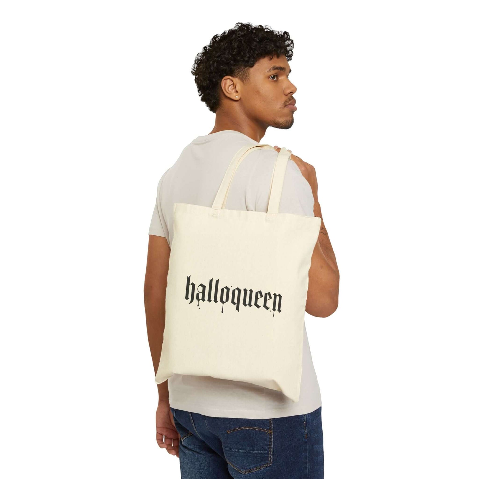 Double-Sided Halloween Tote – “Here for the Boos” + Spooky Vibes, featuring a stylish design with 'halloqueen' lettering.