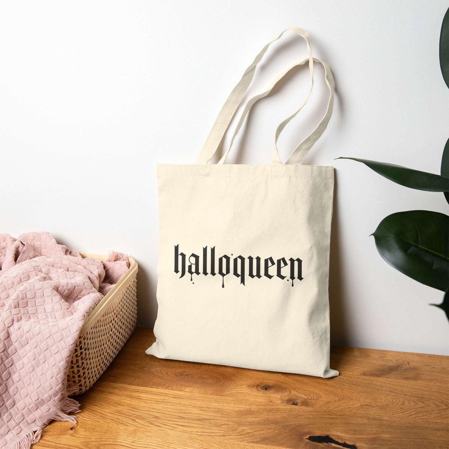 Double-Sided Halloween Tote – “Here for the Boos” + Spooky Vibes with halloqueen design on cream fabric.