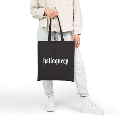 Double-Sided Halloween Tote – “Here for the Boos” + Spooky Vibes in stylish black with "halloqueen" lettering.