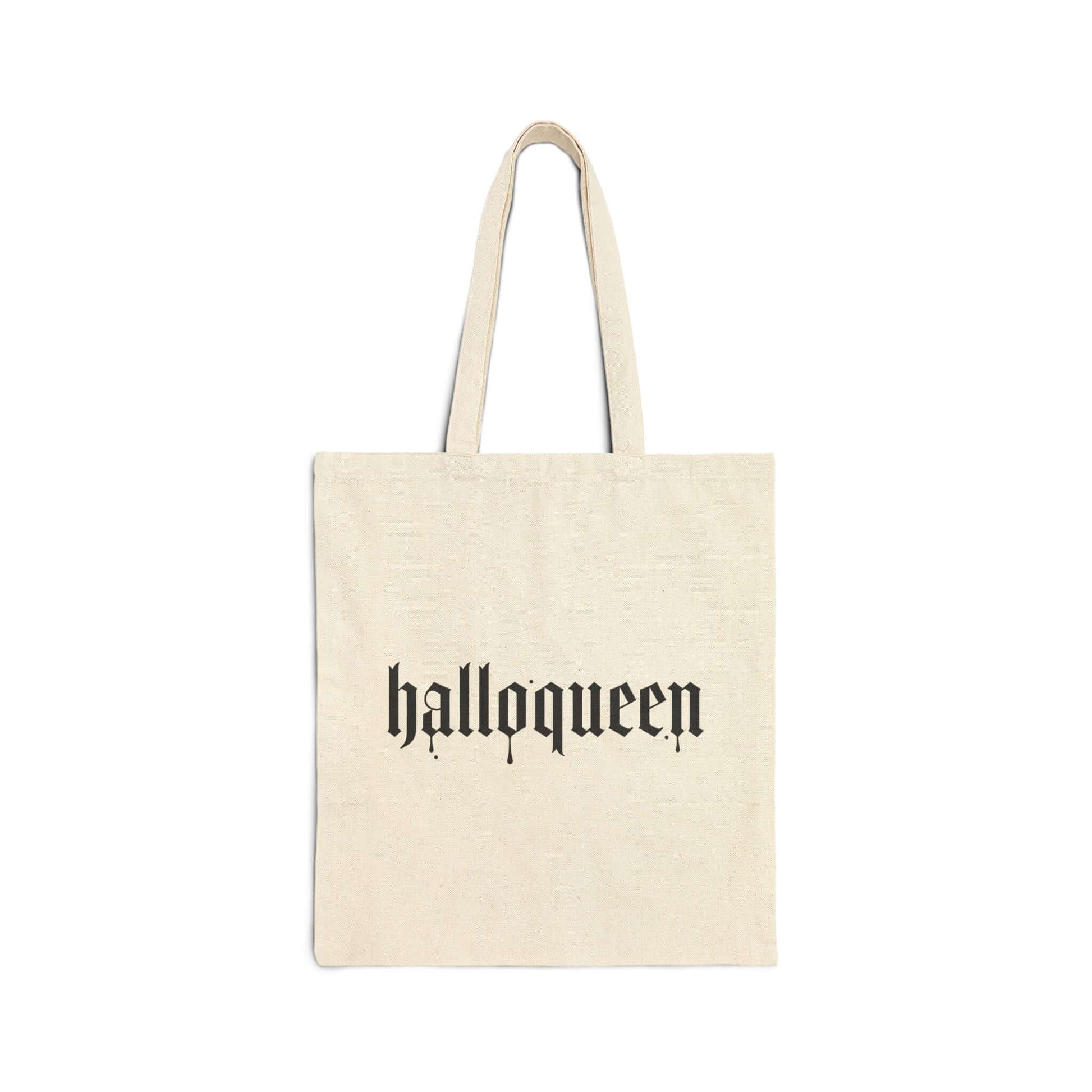 Double-Sided Halloween Tote – “Here for the Boos” + Spooky Vibes, featuring 'halloqueen' text for festive style.
