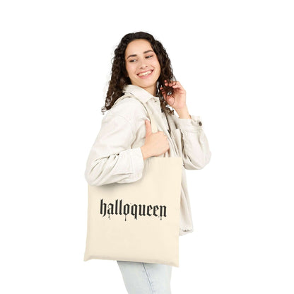Double-Sided Halloween Tote – “Here for the Boos” + Spooky Vibes in use with a playful model.