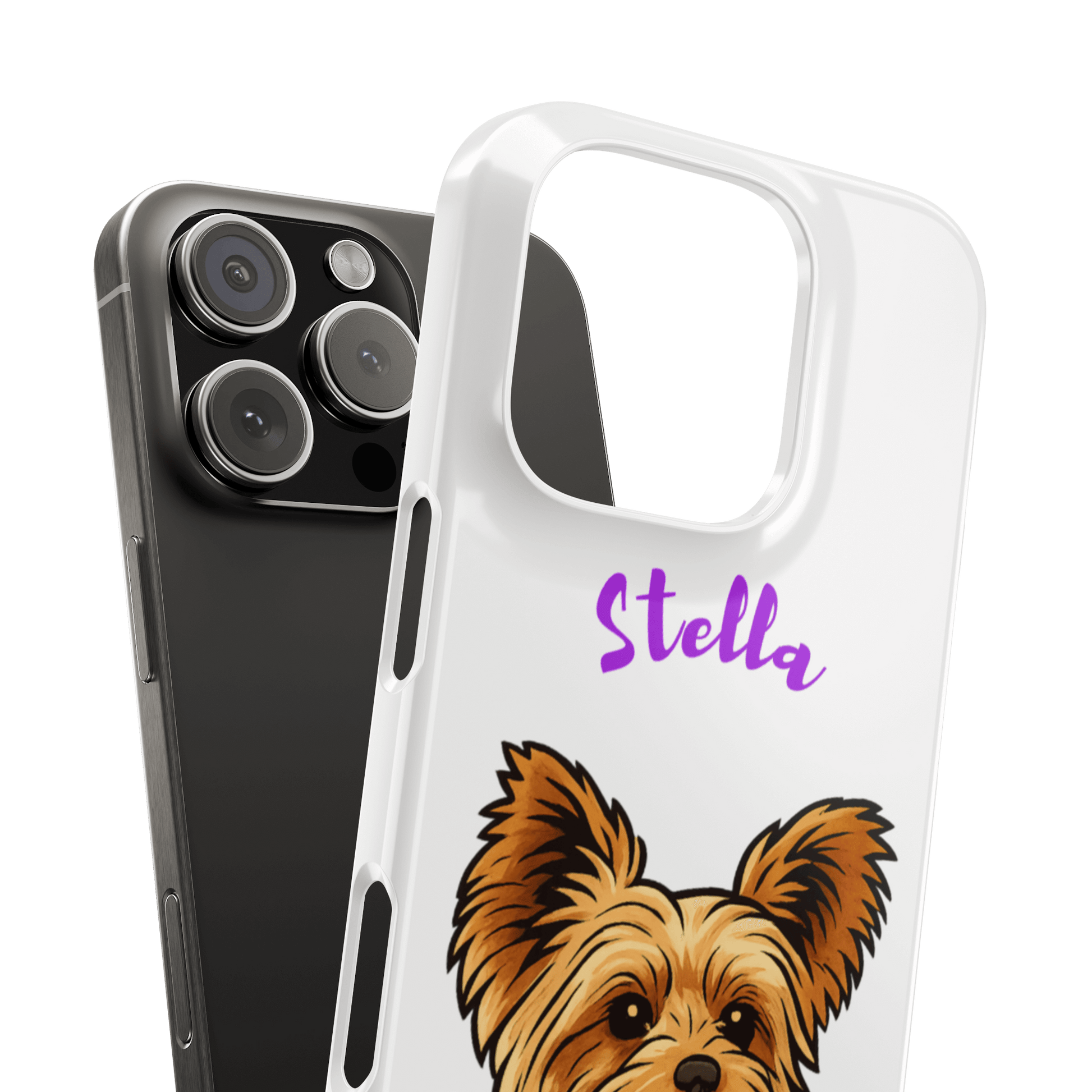 Custom cartoon phone case featuring a dog's portrait and name 'Stella' in vibrant colors.