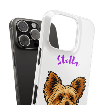 Custom cartoon phone case featuring a dog's portrait and name 'Stella' in vibrant colors.
