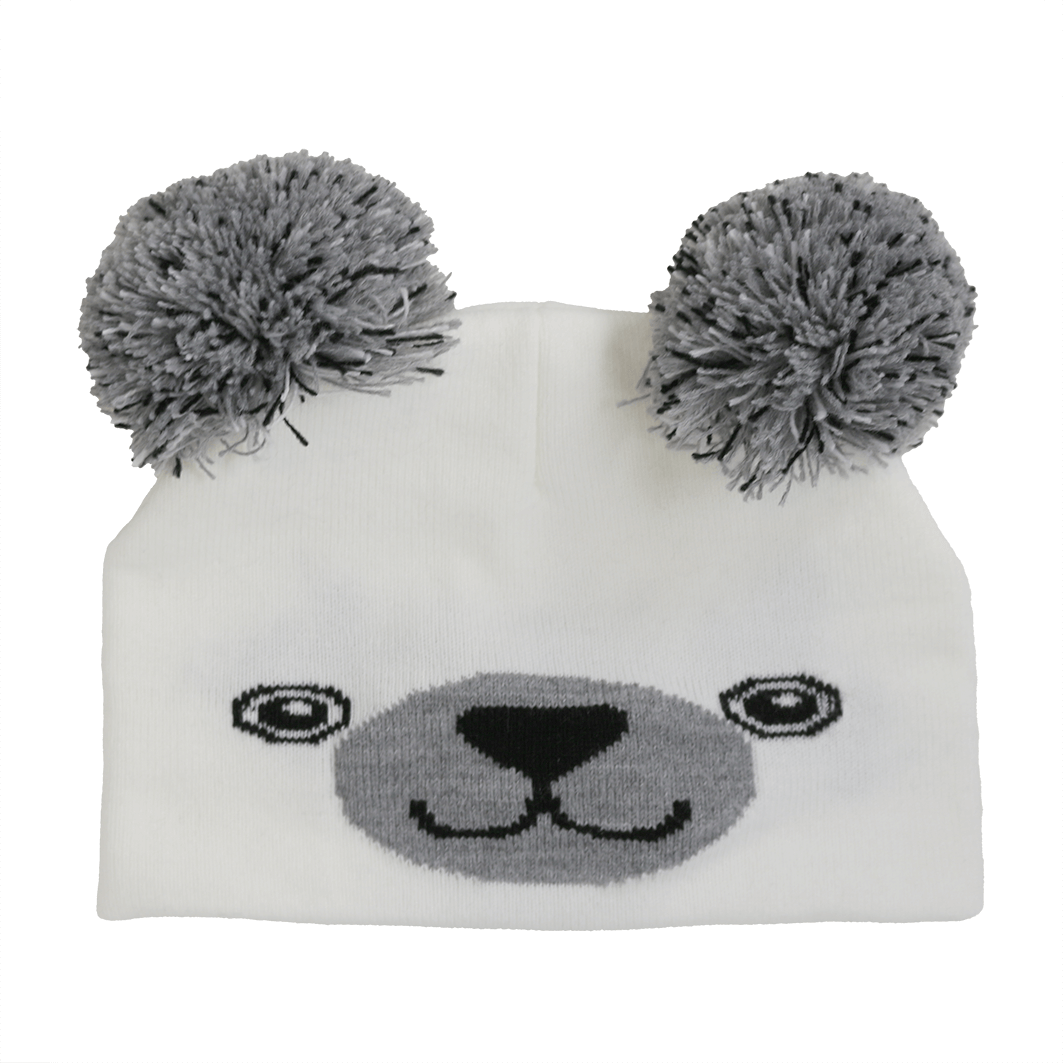 Infant Specialty Hat – Cozy, Playful, Purposeful featuring a playful bear design with pom-poms for babies. Perfect for winter.