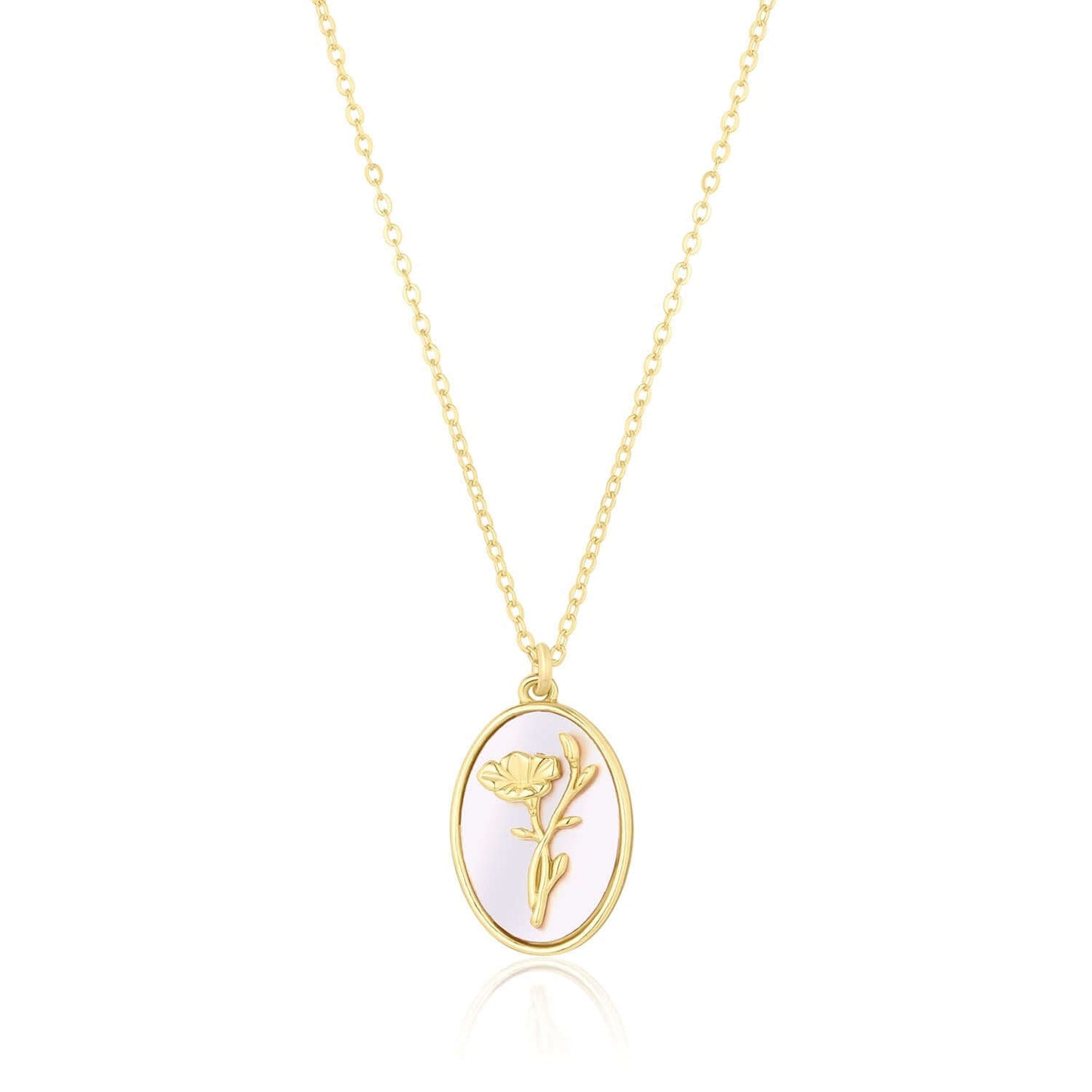 Katrina Birth Flower Necklace – Gold-Filled & Mother of Pearl featuring a delicate floral pendant on a gold chain.