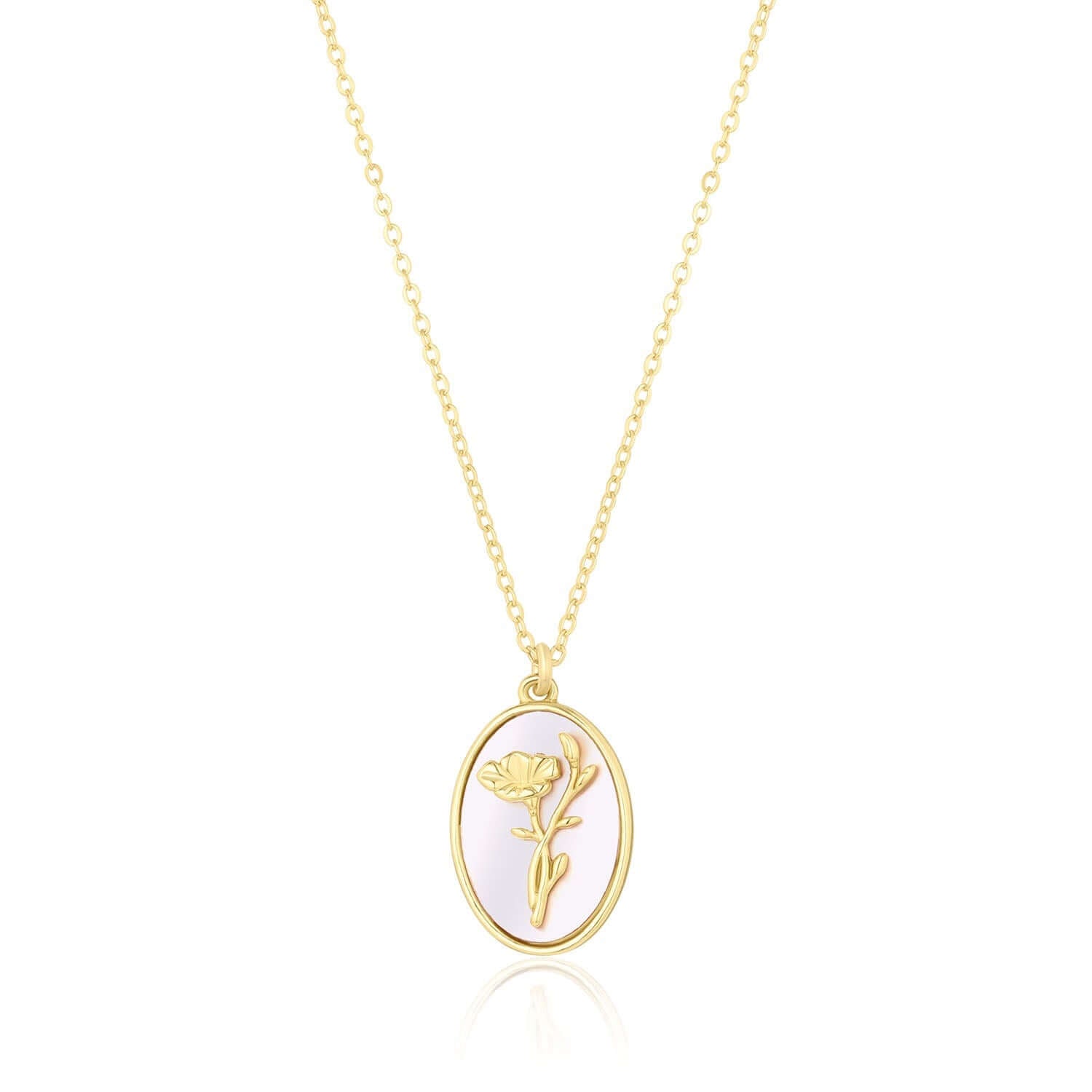 Katrina Birth Flower Necklace – Gold-Filled & Mother of Pearl featuring a delicate floral pendant on a gold chain.