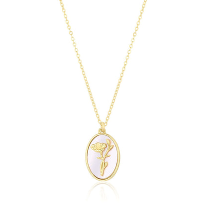 Katrina Birth Flower Necklace – Gold-Filled & Mother of Pearl featuring a delicate floral pendant on a gold chain.