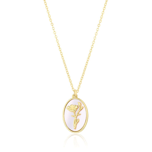 Katrina Birth Flower Necklace – Gold-Filled & Mother of Pearl featuring a delicate floral pendant on a gold chain.