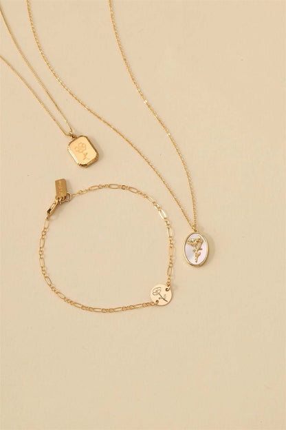 Katrina Birth Flower Necklace – Gold-Filled & Mother of Pearl displayed with matching bracelet on a neutral background.
