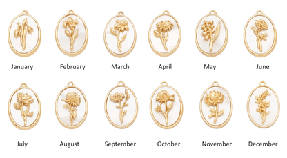Katrina Birth Flower Necklace – Gold-Filled & Mother of Pearl monthly flower pendants display for each birth month.