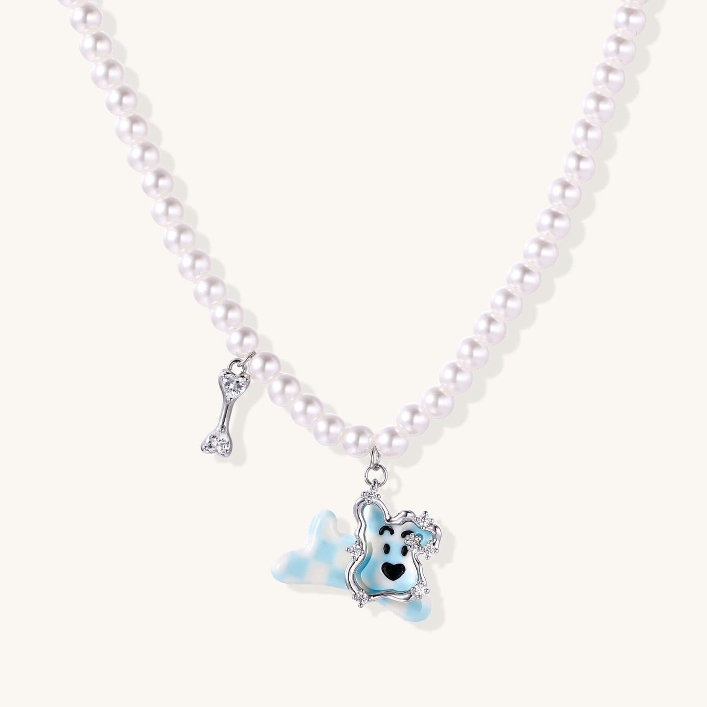 Kawaii Star Dreams Necklace featuring a crystal dog charm and pearl accent, perfect for dog lovers.