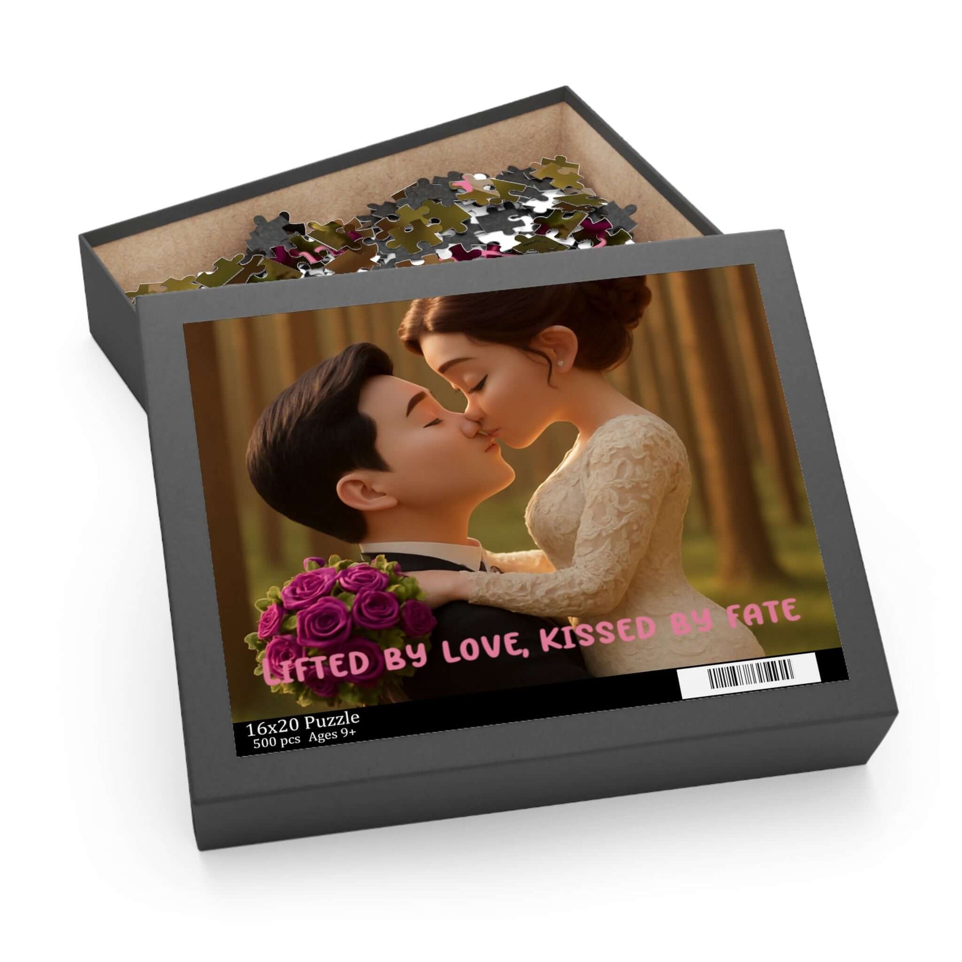Keepsake 3D Cartoon Puzzle – Personalized Portrait with Illustrated Background in a gift box featuring a romantic scene.