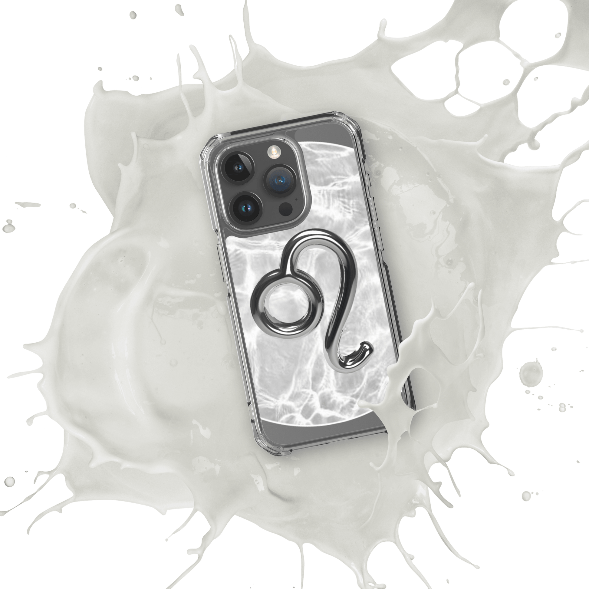 Zodiac Leo Magsafe clear iPhone case with marble metallic design, splashed in milk for a cosmic vibe.