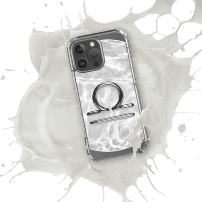 Zodiac Libra Magsafe clear iPhone case with metallic design splashed in liquid, showcasing cosmic style and protection.
