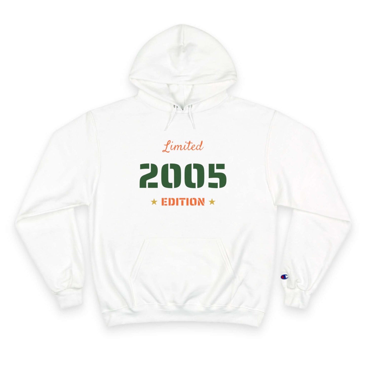 Limited Edition Year Hoodie – Champion Comfort, Collegiate Colors, featuring a bold 2005 design on a white background.