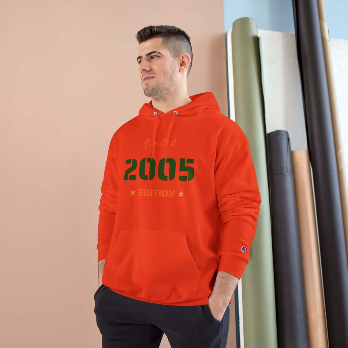 Limited Edition Year Hoodie – Champion Comfort, Collegiate Colors in vibrant orange with 2005 edition design.