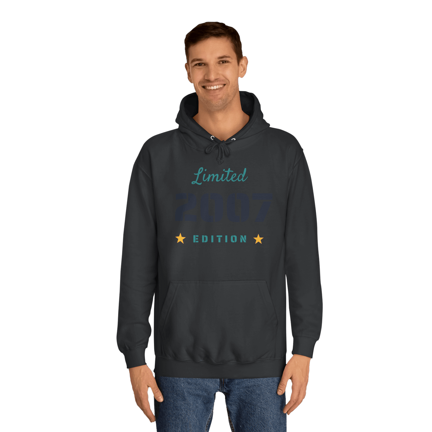 Custom College Hoodie – Add Your Photos, Text & Emojis Your Way worn by a man featuring a limited edition design.