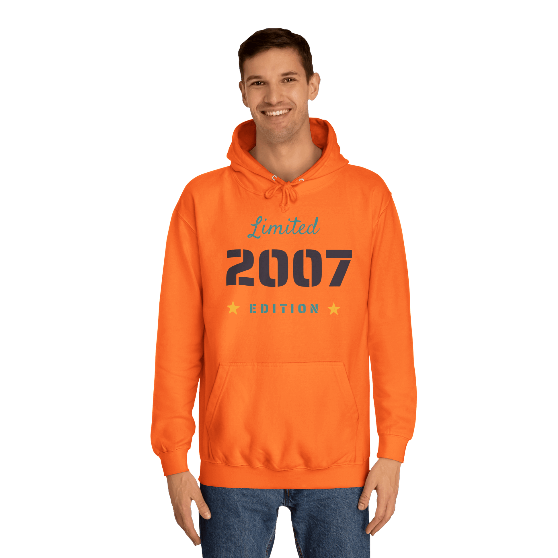 Custom College Hoodie – Add Your Photos, Text & Emojis Your Way in vibrant orange with a Limited 2007 Edition design.