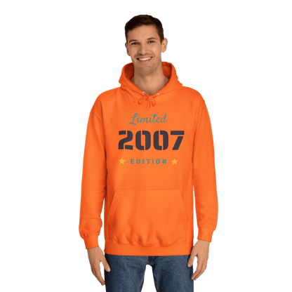 Custom College Hoodie – Add Your Photos, Text & Emojis Your Way, featuring a limited edition 2007 design in bright orange.
